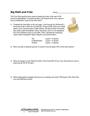McDonald's Zone Diet Menu Planning Worksheet