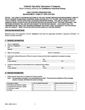 Healthcare Organization Management Liability Application