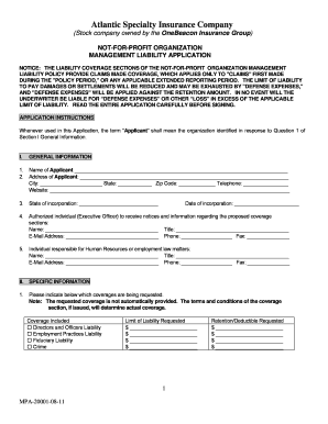 Non-Profit Organization Management Liability Application