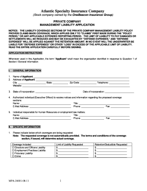 Private Company Management Liability Application