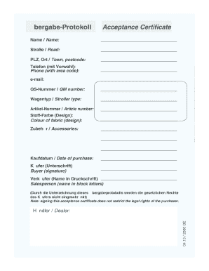 Übergabe-Protokoll Acceptance Certificate