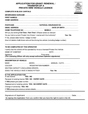 Private Hire Vehicle Licence Application