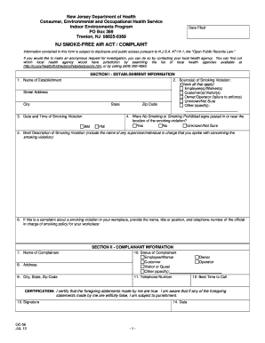 NJ Smoke-Free Air Act Complaint Form