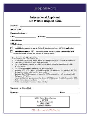 SOPHAS International Applicant Fee Waiver Request Form