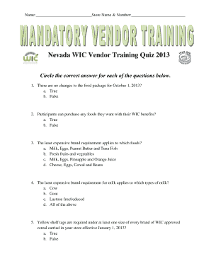 Nevada WIC Vendor Training Quiz b2013b Circle the correct answer bb