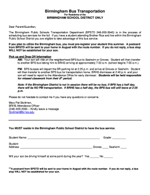 Birmingham School District Bus Registration Form