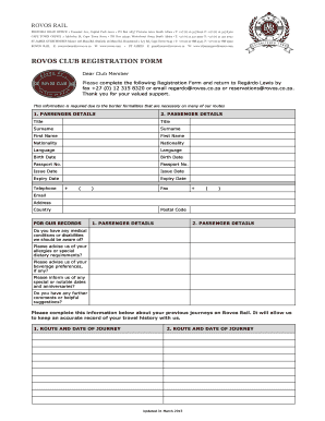 Rovos Club Registration Form