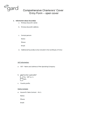 Comprehensive Charterers' Cover Entry Form