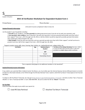 2015-16 Verification Worksheet for Dependent Student
