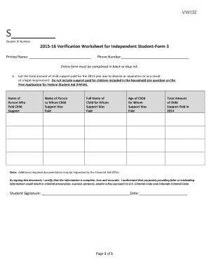2015-16 Verification Worksheet for Independent Student