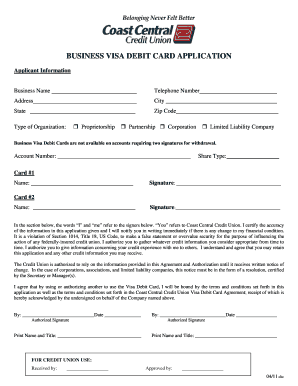 Business Visa Debit Card Application