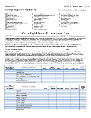 Bay Area Independent High Schools Teacher Recommendation Form