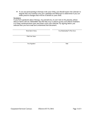 Outpatient Services Agreement for Collaterals in Psychotherapy