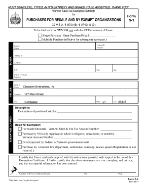 Vermont Sales Tax Exemption Certificate