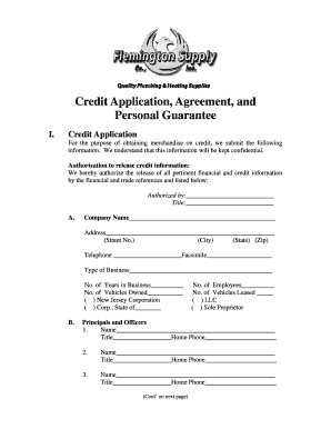 Credit Application, Agreement, and Personal Guarantee