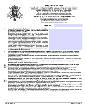 Belgian Food Product Registration Certificate