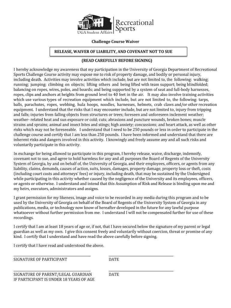 Fillable Online recsports uga Challenge Course Participant Waiver UGA