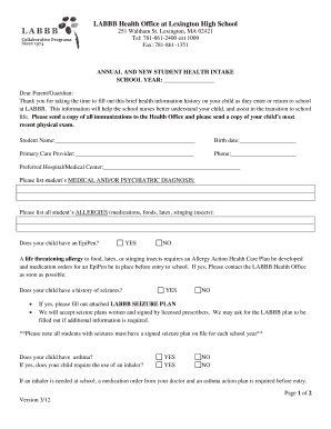 Annual and New Student Health Intake Form