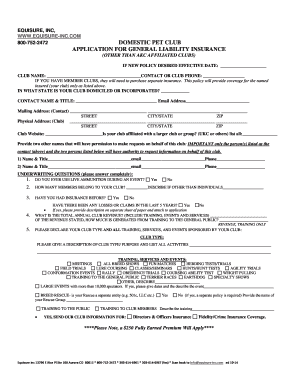 Domestic Pet Club General Liability Insurance Application