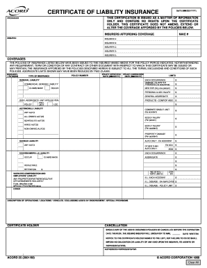Certificate of Liability Insurance