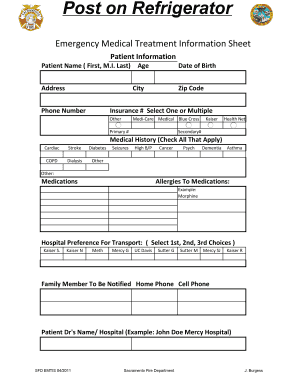 Emergency Medical Treatment Information Sheet