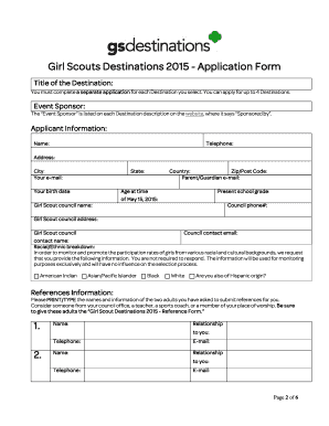 Girl Scouts Destinations 2015 Application Form