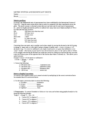 Metric System and Significant Digits Worksheet