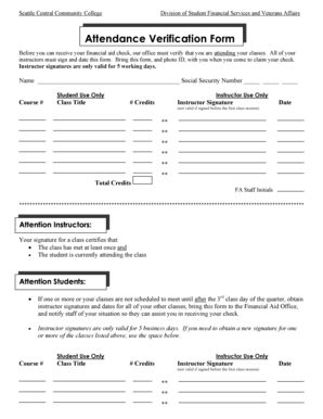 Seattle Central Financial Aid Attendance Verification Form
