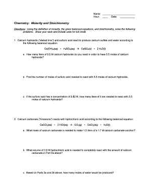 Chemistry Molarity and Stoichiometry Worksheet