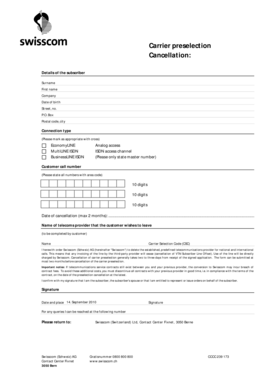Swisscom Carrier Preselection Cancellation Form