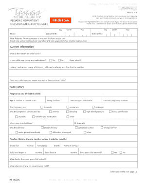 Pediatric New Patient Questionnaire Form