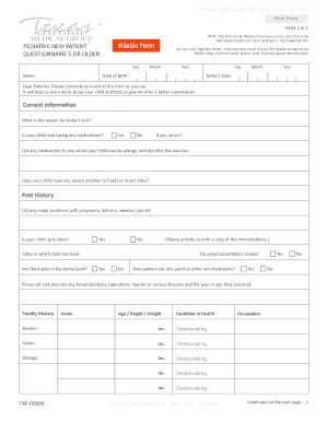 Pediatric New Patient Questionnaire
