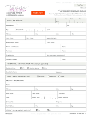 Pediatrics Patient Information Record Form
