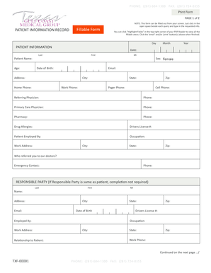 Patient Information Record Fillable Form
