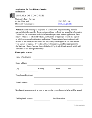 Application for Free Library Service for the Blind