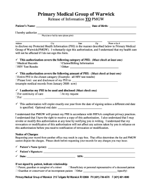 Primary Medical Group of Warwick Release of Information