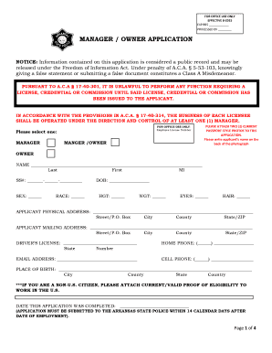 Arkansas Manager Owner Application Form