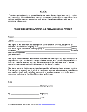 Texas Unconditional Waiver and Release on Final Payment