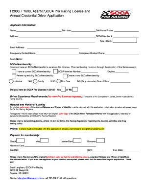 SCCA Pro Racing License and Annual Credential Driver Application