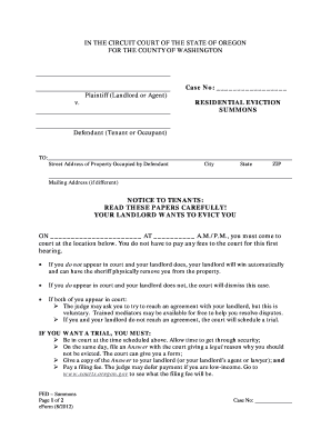 Oregon Residential Eviction Summons