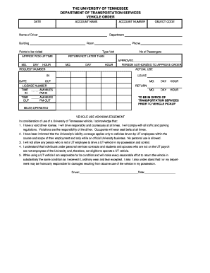 University of Tennessee Vehicle Order Form