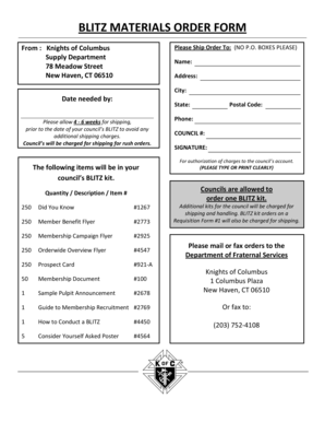 Knights of Columbus Blitz Materials Order Form
