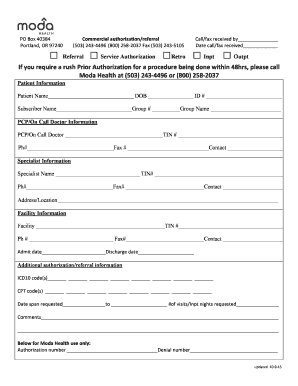 Moda Health Authorization/Referral Form