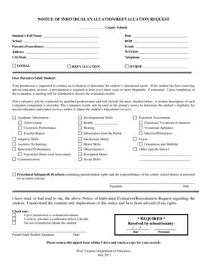 Notice of Individual Evaluation/Reevaluation Request