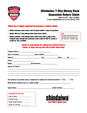 Shindaiwa 7-Day Money Back Guarantee Return Claim