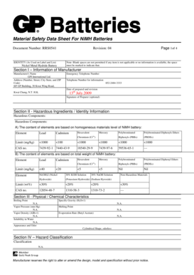 Material Safety Data Sheet For NiMH Batteries