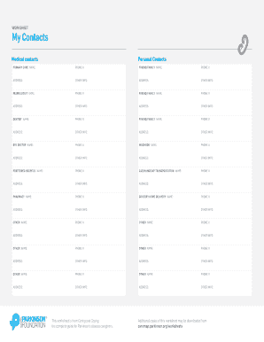 Medical and Personal Contacts Worksheet