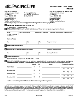 Pacific Life Insurance Appointment Data Sheet