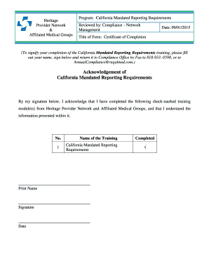 California Mandated Reporting Requirements Certificate