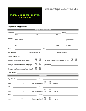 Shadow Ops Laser Tag LLC Employment Application
